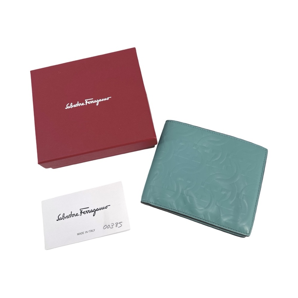 Ferragamo Tyrone Embossed Leather Wallet Dark Acqua Green Color Wallet